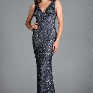 Scala 48883 Gray/Metallic embellished prom gown